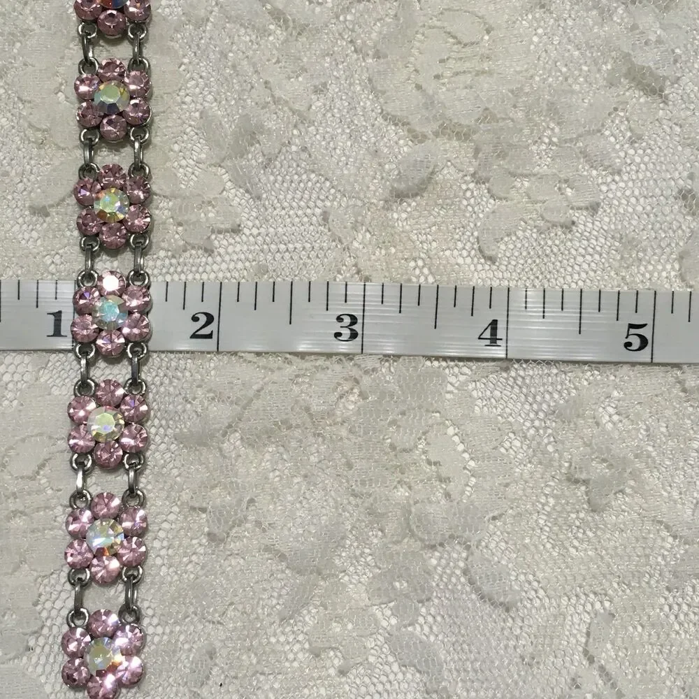 Rhinestone Floral Chain Bracelet Pink AB Stones Silver tone Coquette girl style